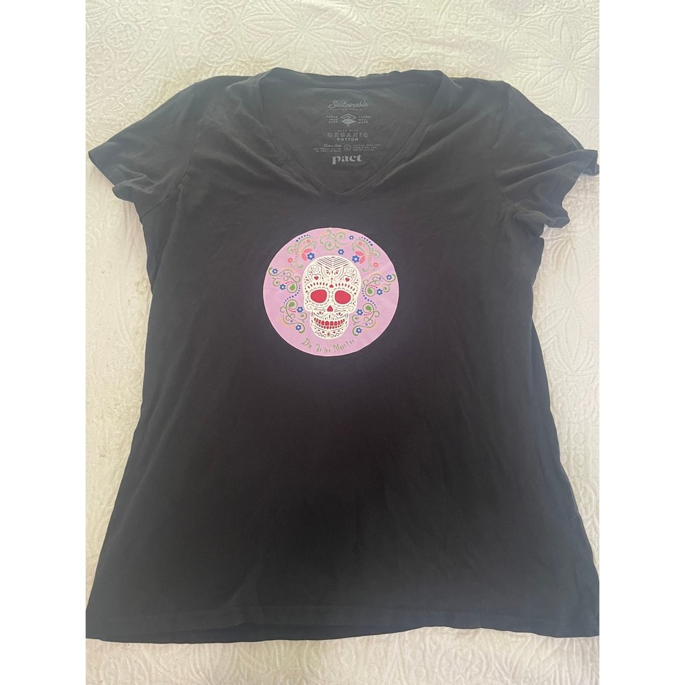 Pact‎ Womens Black Organic Cotton Dia de los Muertos Sugar Skull V-Neck Tee L